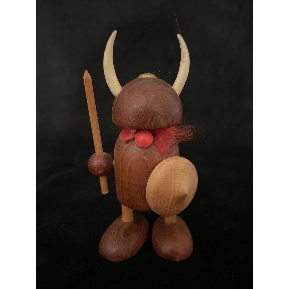 Vintage MCM Teak Wood Viking Figurine Holding Spear And Shield Danish Teak Art